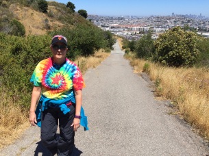 Holly humps it up the hill with Bayview in background.